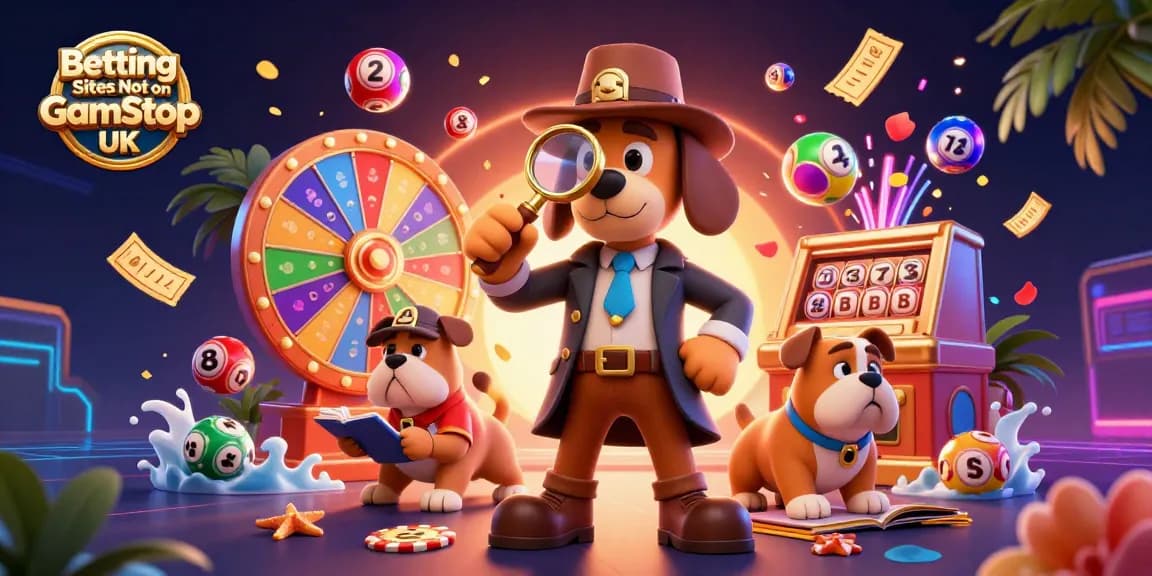 Engage with Betting Sites Not on GamStop UK as a detective discovers golden poker chip clues amidst vibrant gaming elements.