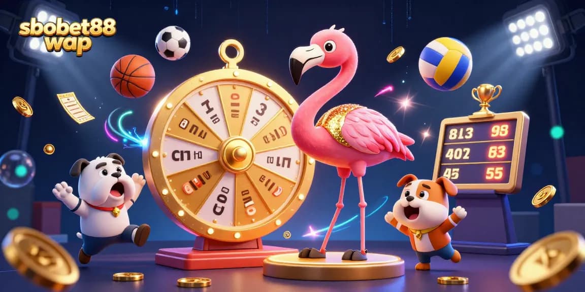 Experience sbobet88 wap with an exciting cartoon scene showcasing dynamic sports betting elements and vibrant characters.