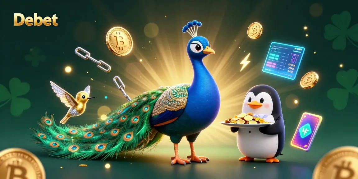 Experience excitement with Debet's vibrant casino scene featuring a peacock and penguin.