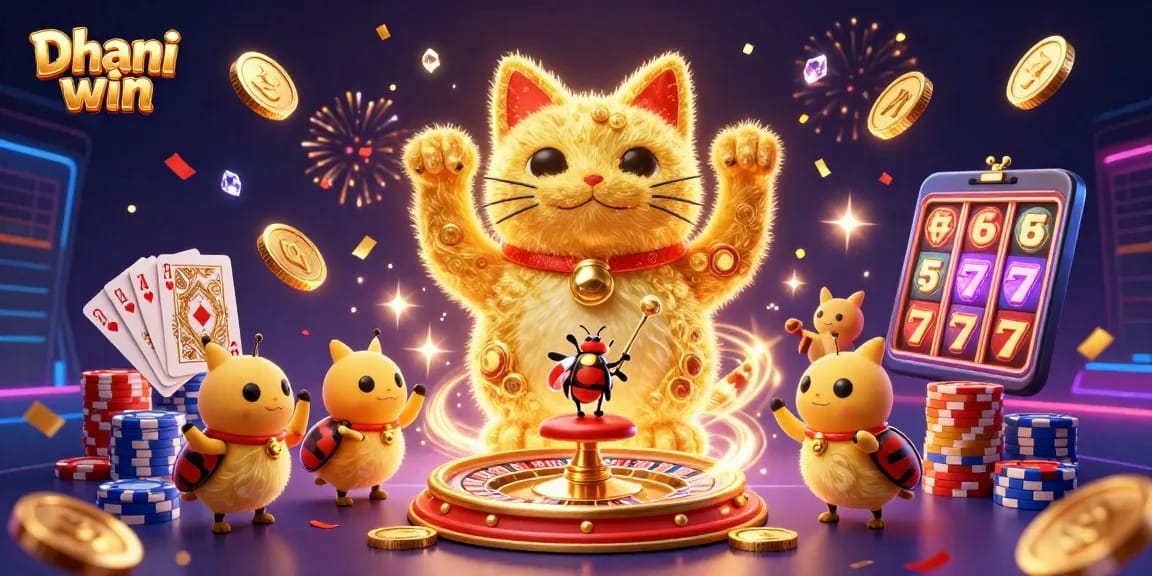 Dive into the excitement with Dhani win, showcasing a vibrant scene of casino elements and a lucky cat animation.
