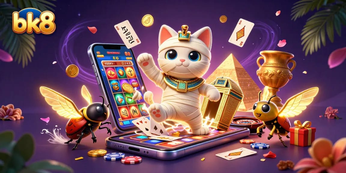 Engage in thrilling slot adventures with bk8's dynamic pyramid casino theme featuring a mummy cat and glowing scarabs.