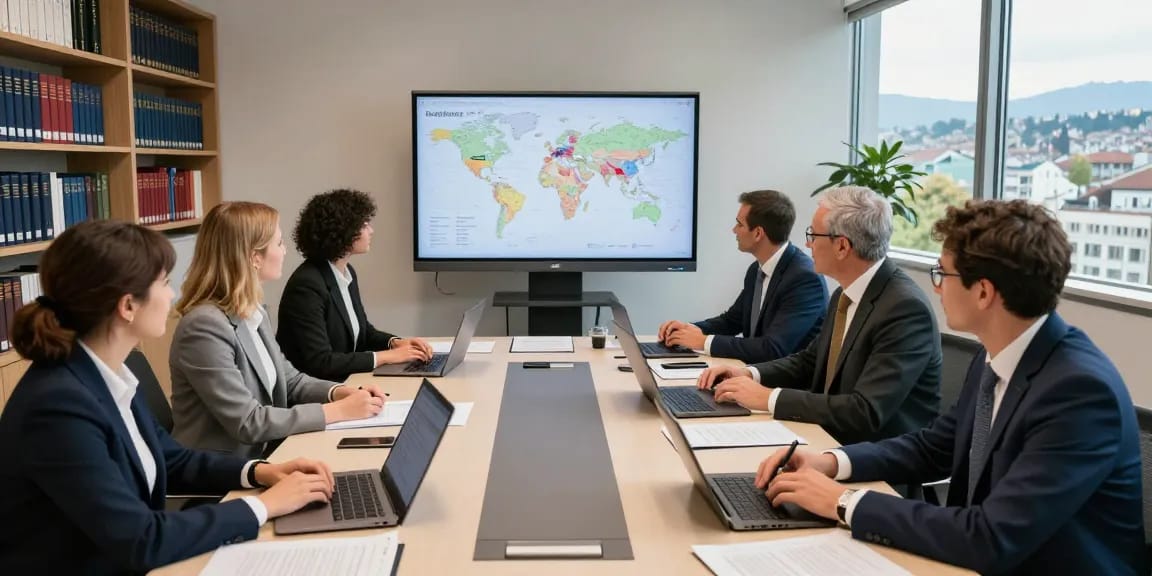 Collaboration dans ce cabinet d'avocats suisse à Genève, équipe de juristes en train de discuter d'une affaire complexe sur les juridictions internationales.