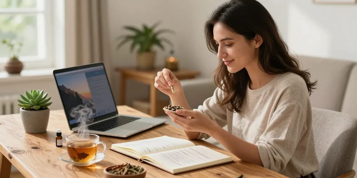 Fresh kratom capsules examined in a cozy home workspace, emphasizing wellness.