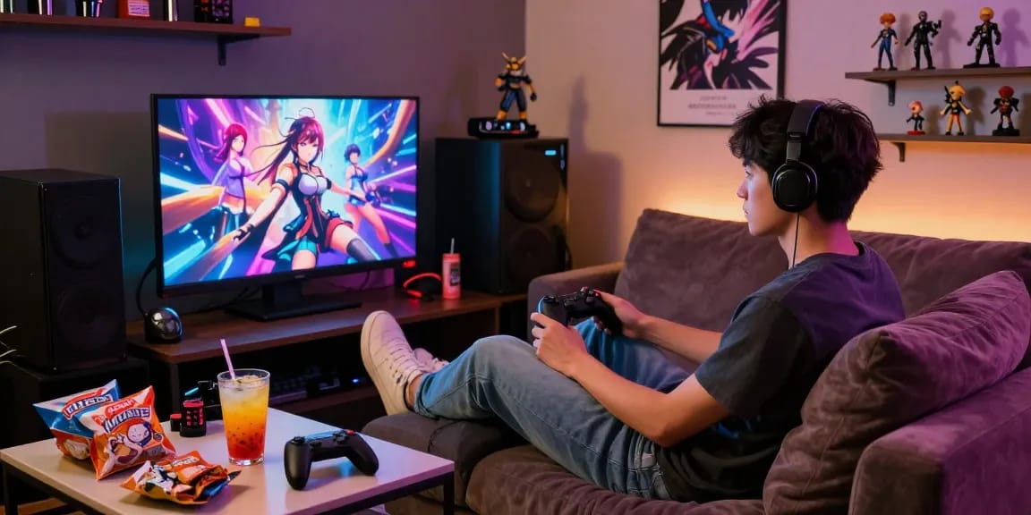 Gamer immersed in a vibrant hentai game, enjoying a cozy lounge atmosphere.