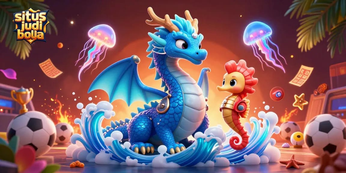 Engage in exciting sports betting with situs judi bola featuring a dynamic water dragon, seahorse knight, and neon jellyfish.