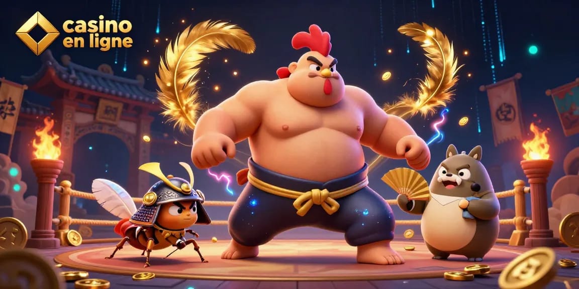 Casino en ligne dynamique : illustration 3D d'un combat intense avec un coq sumo et un criquet samouraï.