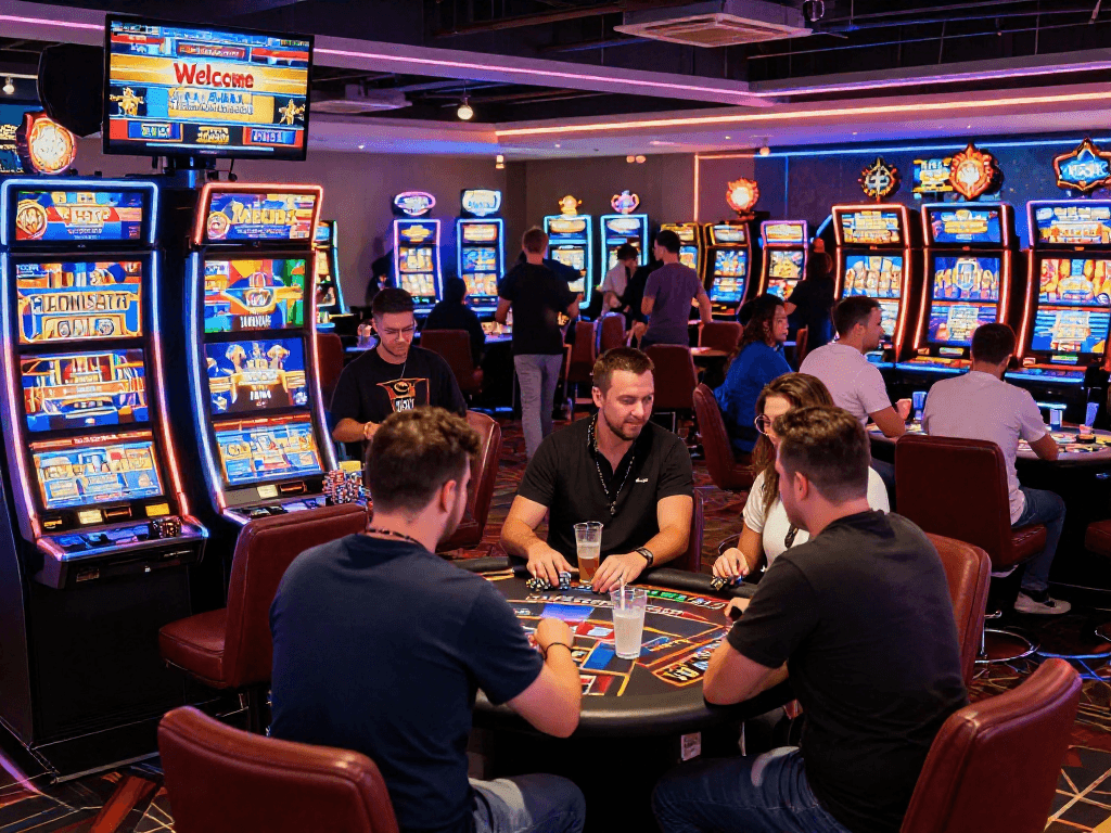 Exciting scene showcasing players enjoying non UKGC casinos, vibrant gaming atmosphere with illuminated slot machines and diverse participants.