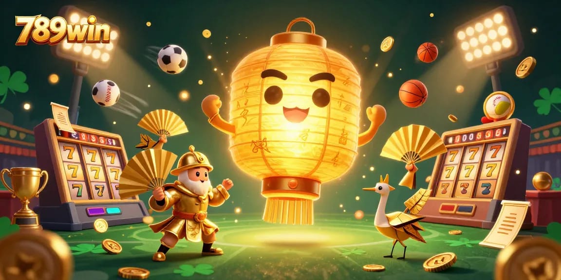 Engage the excitement of 789win with dynamic 3D casino illustration showcasing slot games and sports betting action.