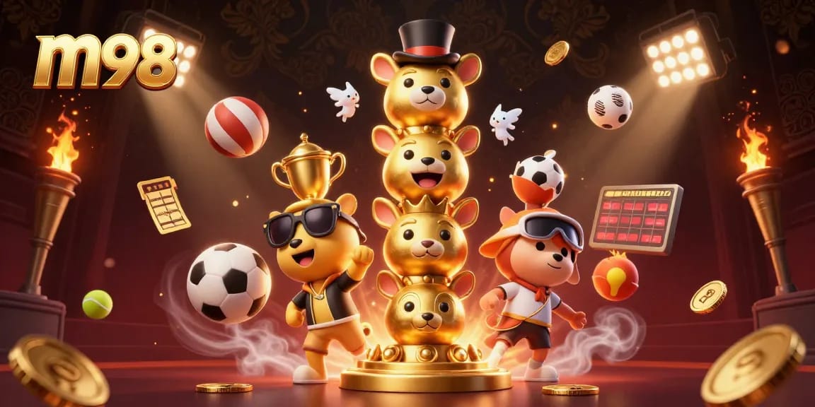 Engage with m98 in a vibrant casino scene featuring dynamic sports elements and golden totem.