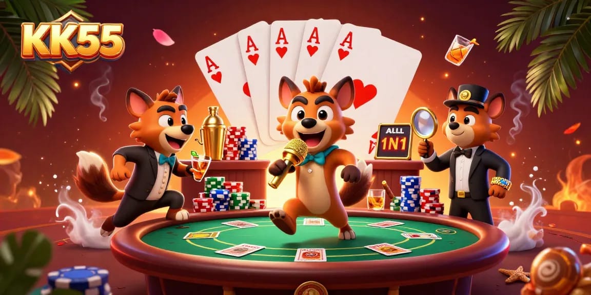 Experience the vibrant comedy casino scene at KK55 with hyena characters entertaining and engaging in playful gambling.
