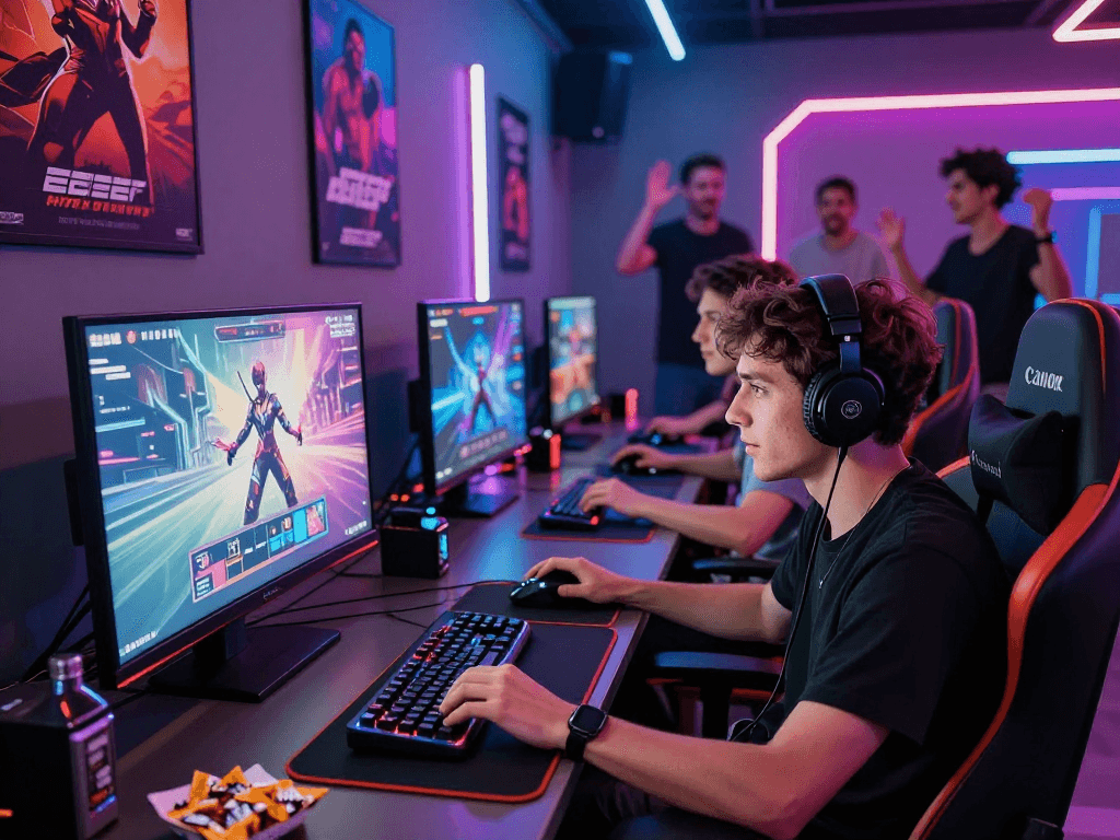 Engaged player enjoying an adult game in a vibrant gaming lounge.