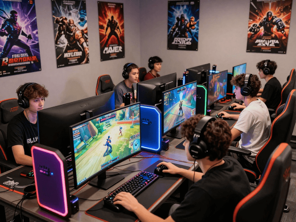 Excited players engaging in online games at LEMON121 gaming lounge, showcasing vibrant setup and community.