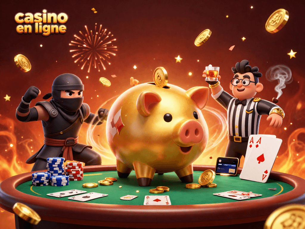 Jouer au casino en ligne avec un gros cochon tirelire sumo et une ambiance festive.