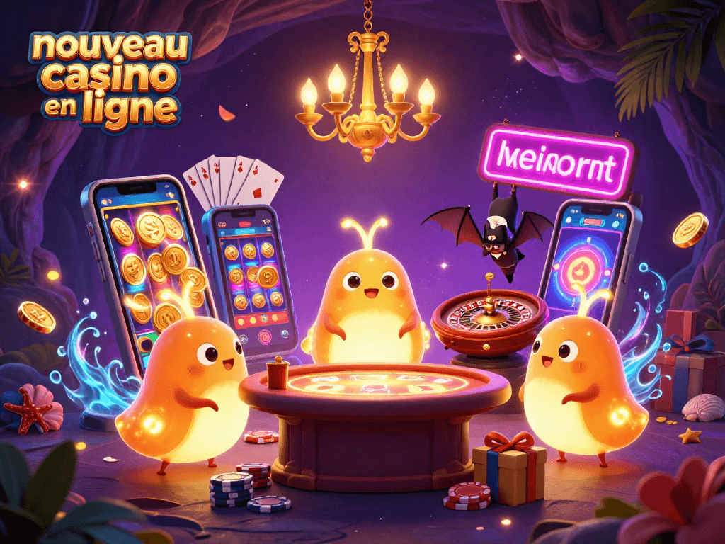Jouez à des jeux sur un nouveau casino en ligne avec des personnages lumineux dans une ambiance de casino immersive.