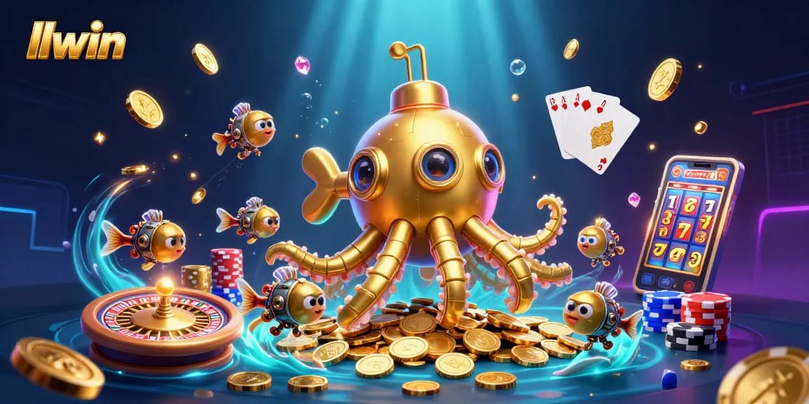 Experience thrilling gameplay action at llwin casino with a golden kraken submarine and vibrant slot elements.