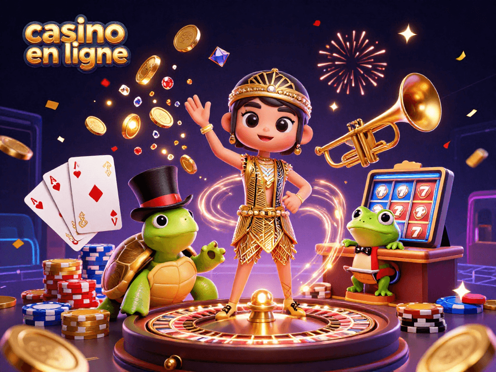 Rendez-vous sur un casino en ligne avec cette scène festive illustrant un ours et une grenouille dans une ambiance de jeu excitante.
