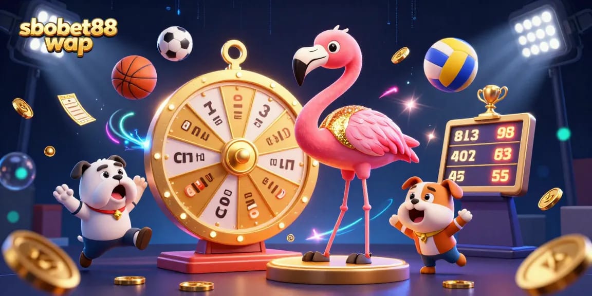 Experience sbobet88 wap with an exciting cartoon scene showcasing dynamic sports betting elements and vibrant characters.