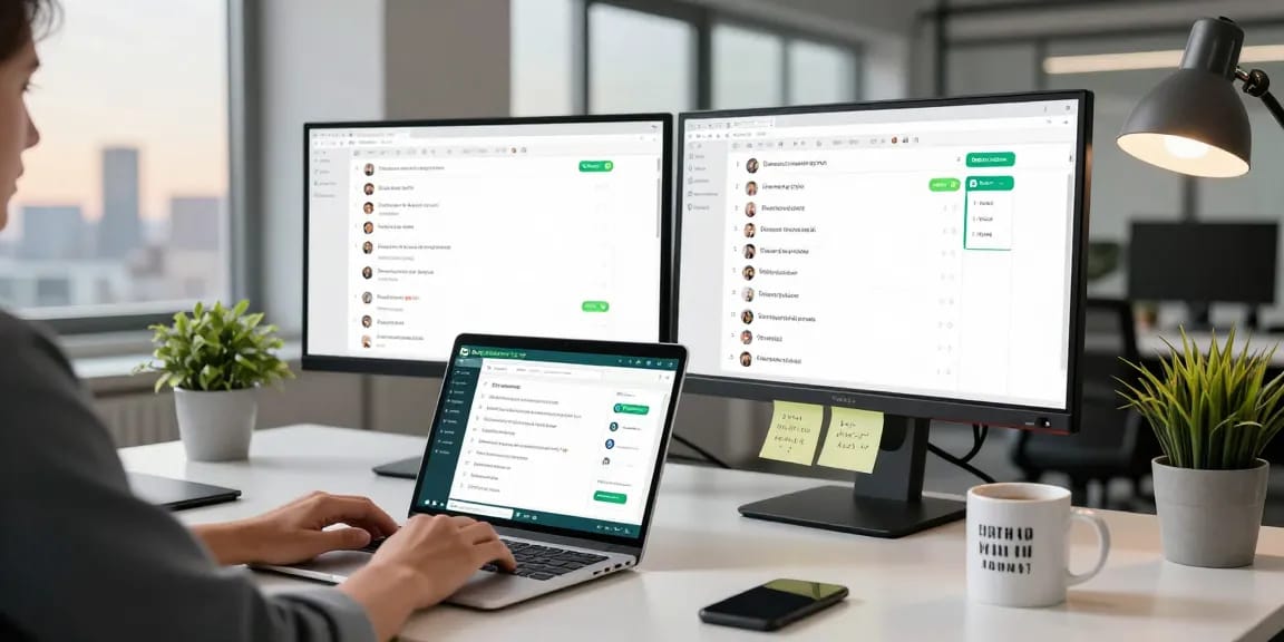 Person using WhatsApp網頁版 on laptop in a modern office with dual monitors and city view.