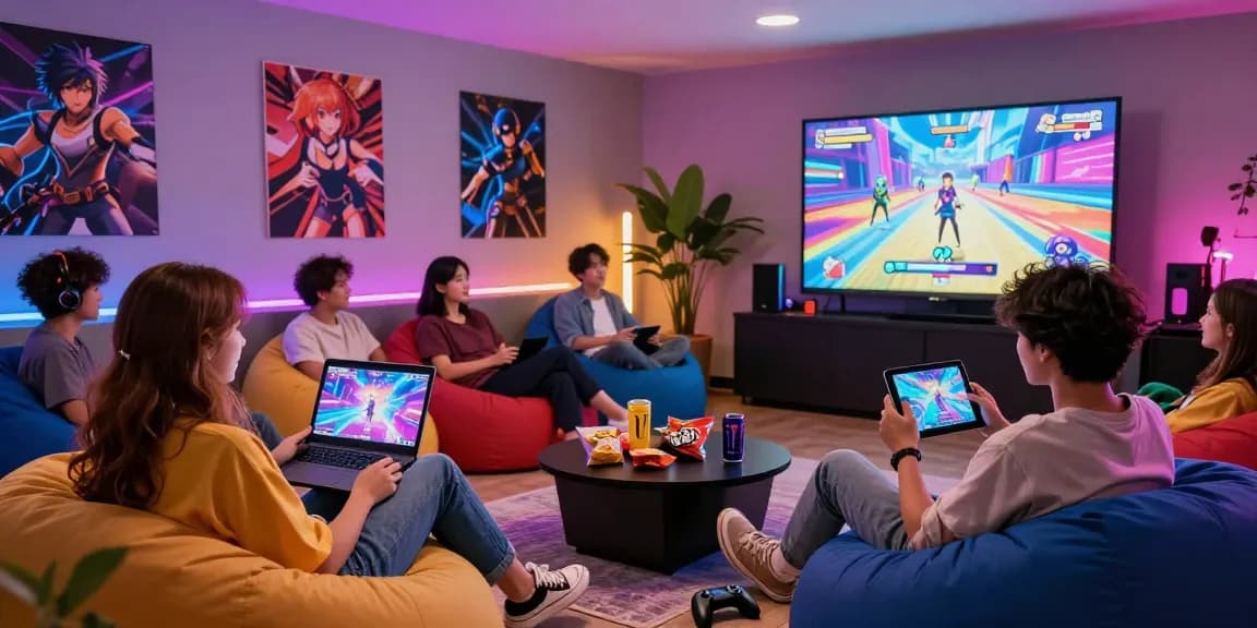 Engaging scene of friends enjoying ecchi games on multiple devices in a colorful gaming lounge.