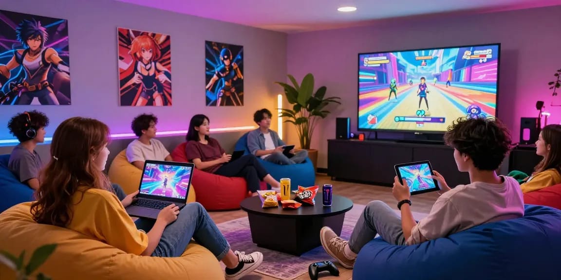 Engaging scene of friends enjoying ecchi games on multiple devices in a colorful gaming lounge.