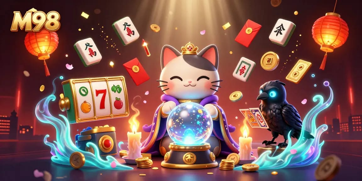 M98 enthralls players with vibrant slots and mystical characters in a richly detailed casino scene.