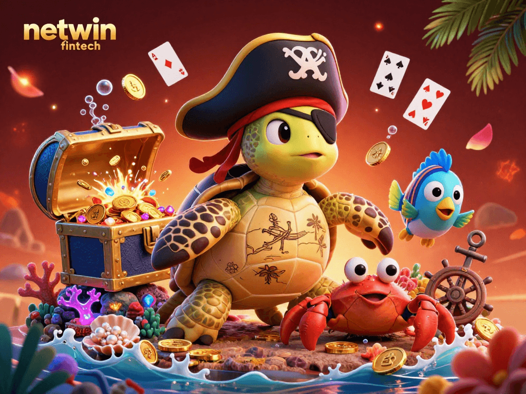 Engage with netwin fintech in a vibrant underwater casino scene featuring treasure and colorful marine life.