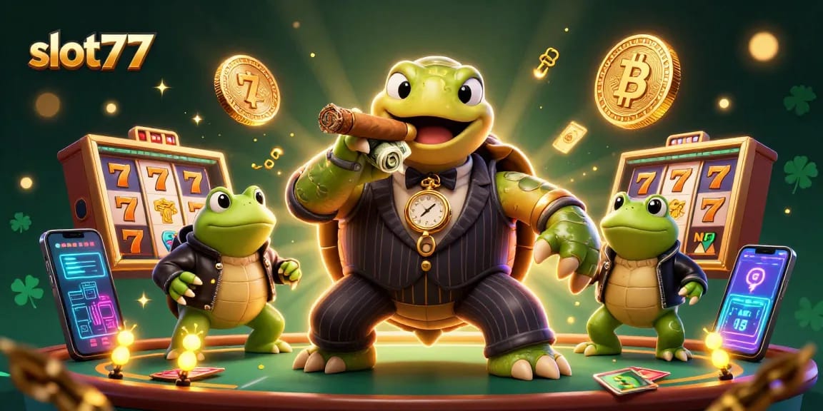 Experience slot777 with a vibrant casino scene featuring a snapping turtle in mobster attire.
