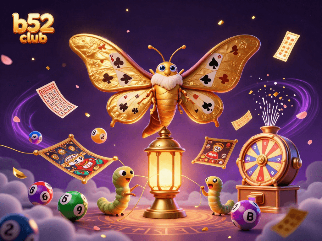 Engage with the vibrant world of b52club, where a majestic atlas moth leads colorful lottery balls and dazzling casino elements.