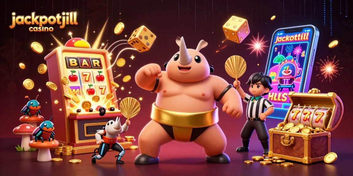Experience jackpotjill casino excitement with a dynamic scene featuring a sumo champion beetle amidst dazzling slot machines.