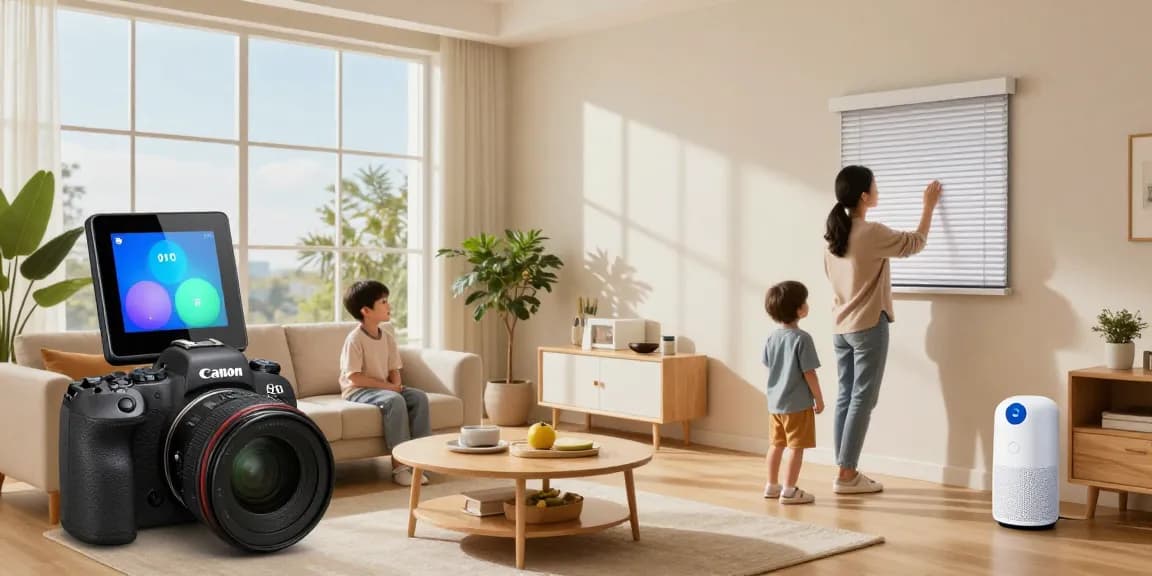Family engaging with IKEA smart home devices in a modern living room, showcasing smart lighting and voice control.