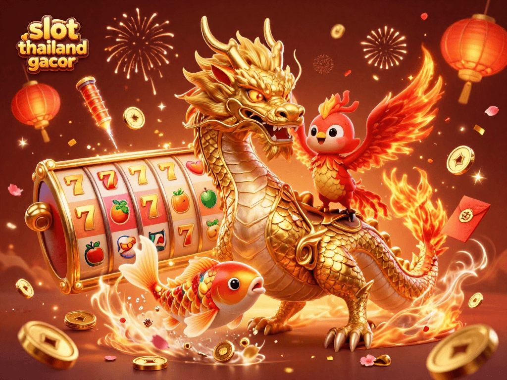 Engage with slot thailand gacor as a fierce dragon, phoenix, and koi fish celebrate with slots and vibrant colors.