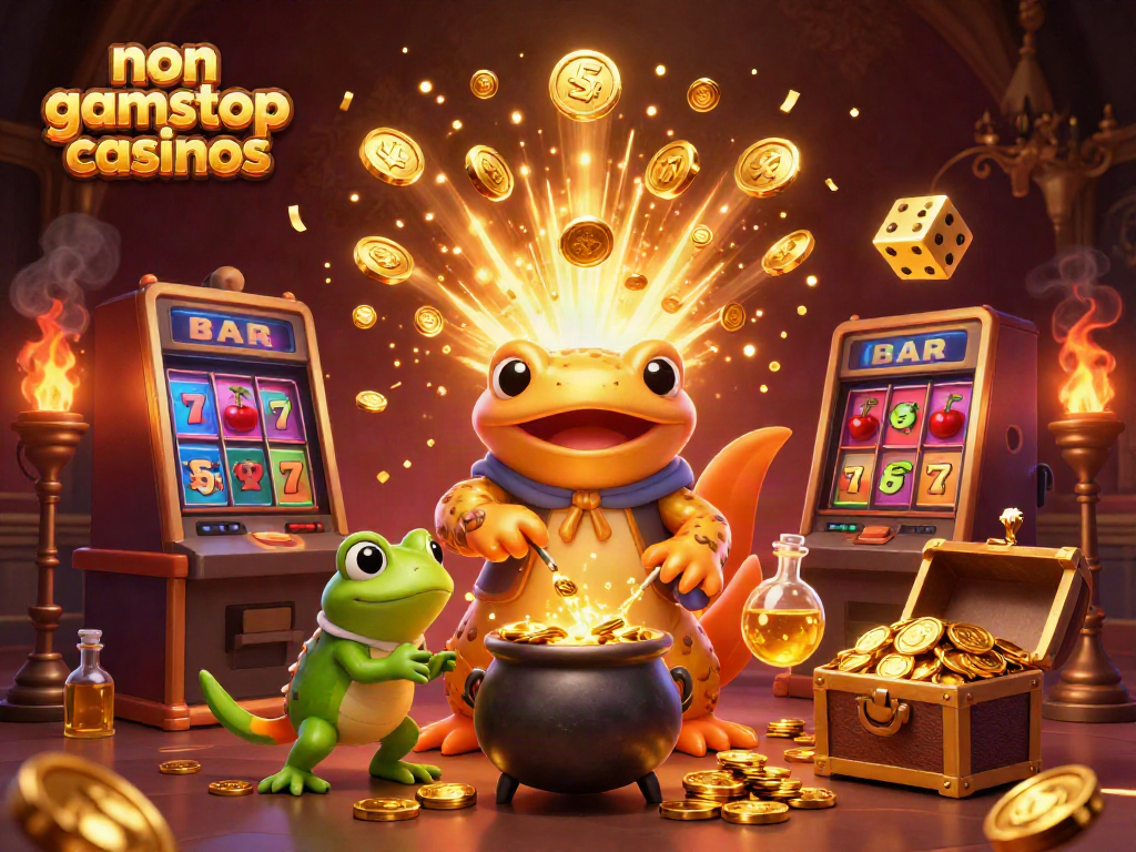 Engage with the vibrant scene of non gamstop casinos featuring a golden salamander alchemist creating wealth.