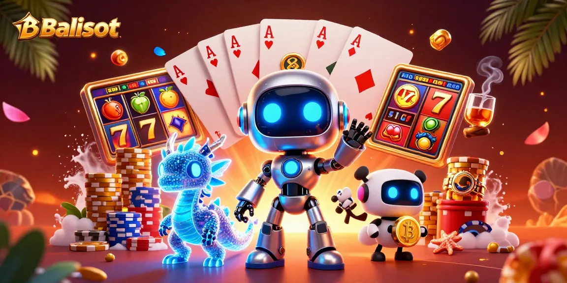 Balislot casino scene featuring a cyberpunk robot and dragon among vibrant slot machines and poker elements.