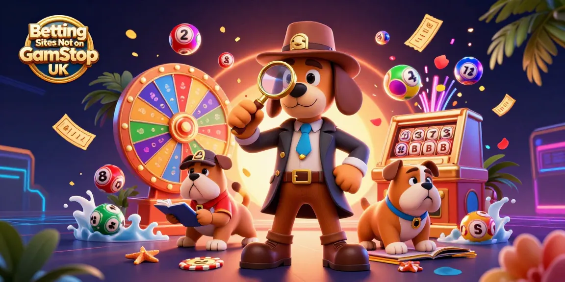 Engage with Betting Sites Not on GamStop UK as a detective discovers golden poker chip clues amidst vibrant gaming elements.