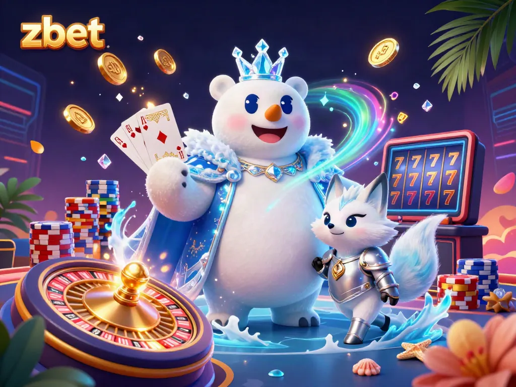 Zbet casino scene showcasing the ice king and fox with dynamic elements like coins and poker chips.