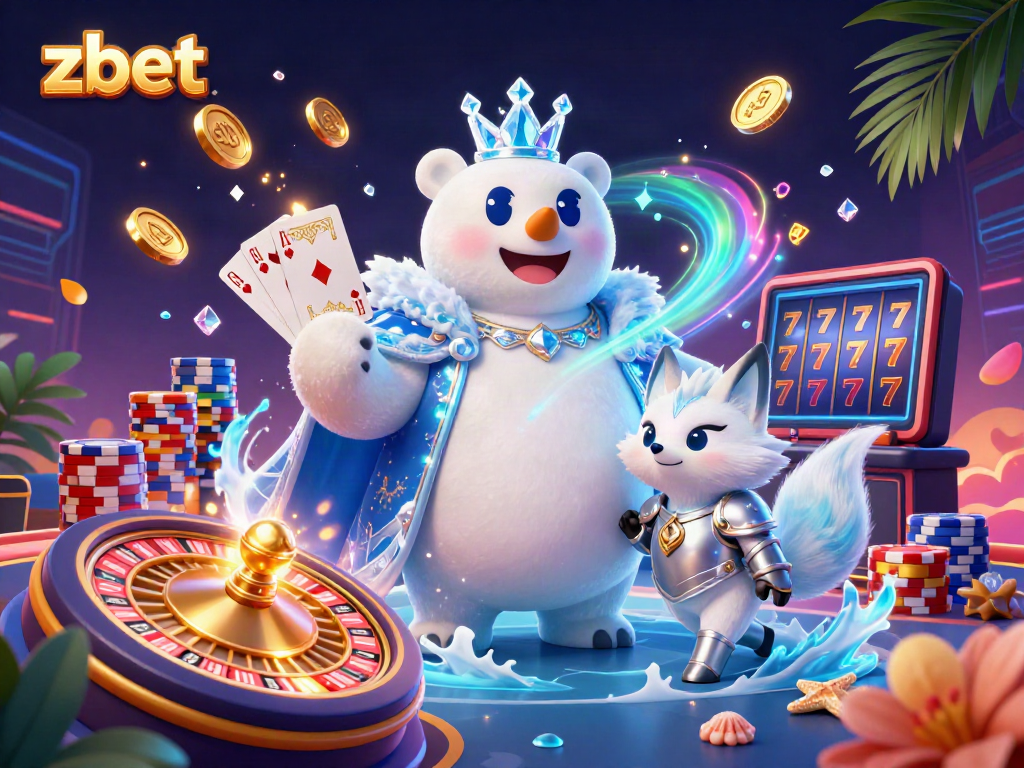 Zbet casino scene showcasing the ice king and fox with dynamic elements like coins and poker chips.