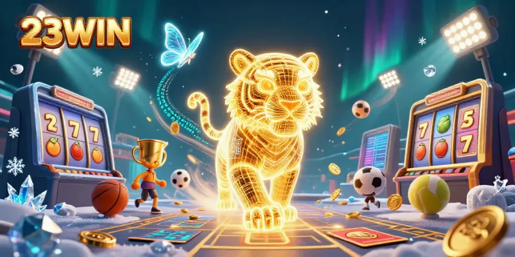 Experience the vibrant 23WIN casino world with dynamic gaming elements and a neon tiger in action.
