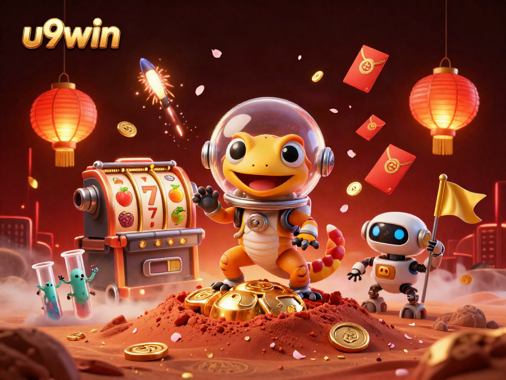 Engage with u9win in this vibrant 3D illustration featuring Martian geckos at a golden casino on Mars.