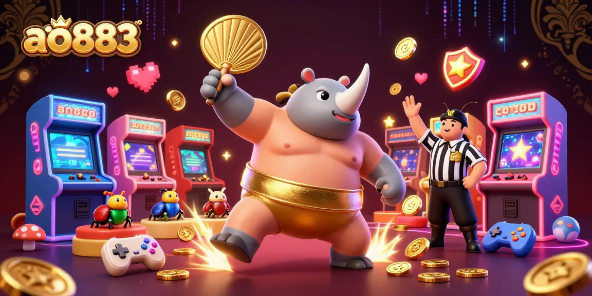 Engage with the vibrant gaming scene at ao883, showcasing a sumo beetle champion amid flying gold coins and colorful arcade machines.