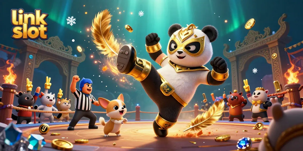 Slot link yang mengasyikkan dengan panda petinju terbang dan penonton ceria di arena pertarungan.