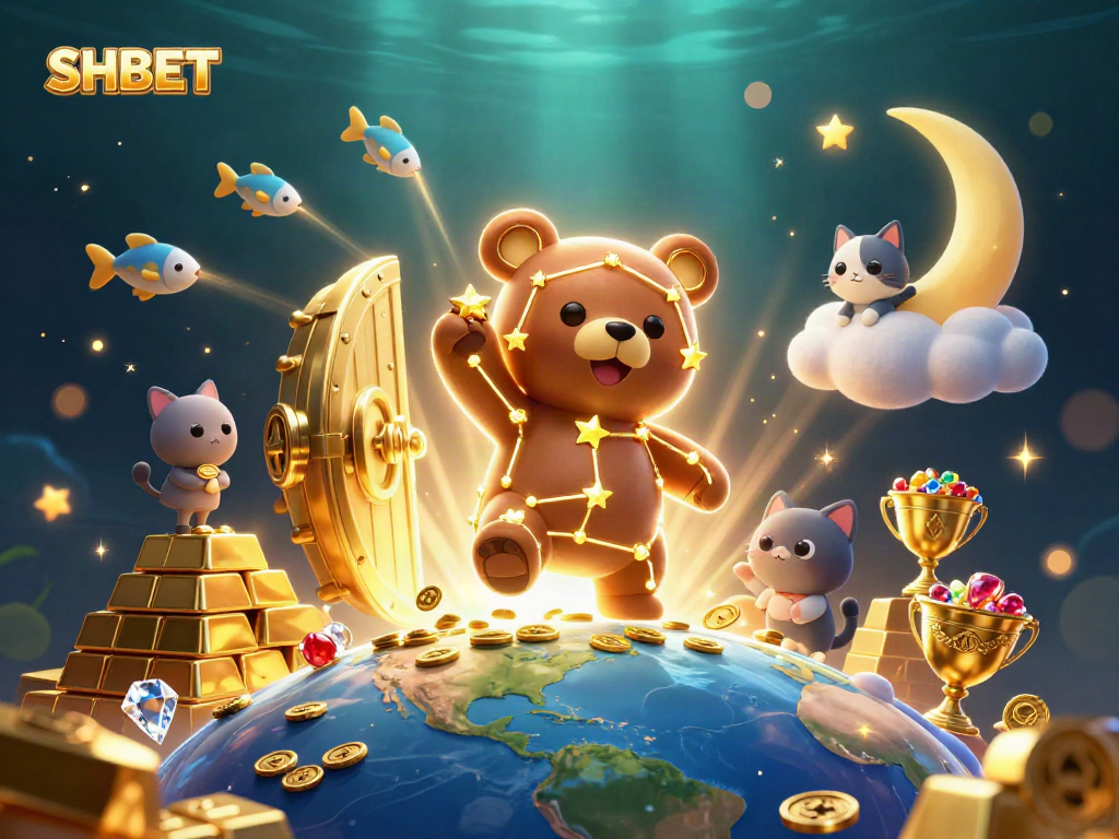 Experience thrilling gaming action with SHBET's vibrant 3D casino-themed illustration filled with treasures.