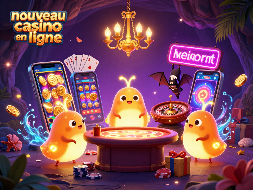 Jouez à des jeux sur un nouveau casino en ligne avec des personnages lumineux dans une ambiance de casino immersive.