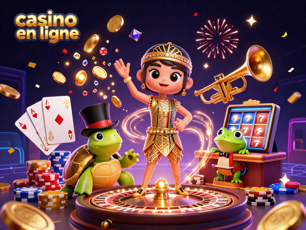 Rendez-vous sur un casino en ligne avec cette scène festive illustrant un ours et une grenouille dans une ambiance de jeu excitante.