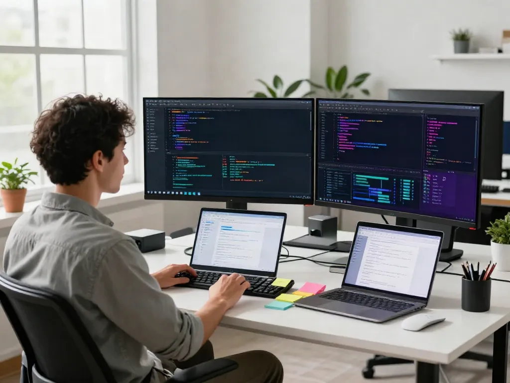 Programmer leveraging instant indexing tools at a modern tech workspace