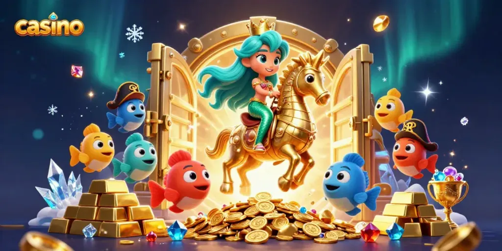 Engage with the enchanting casino world, featuring a mermaid princess, seahorse, and gold treasures.