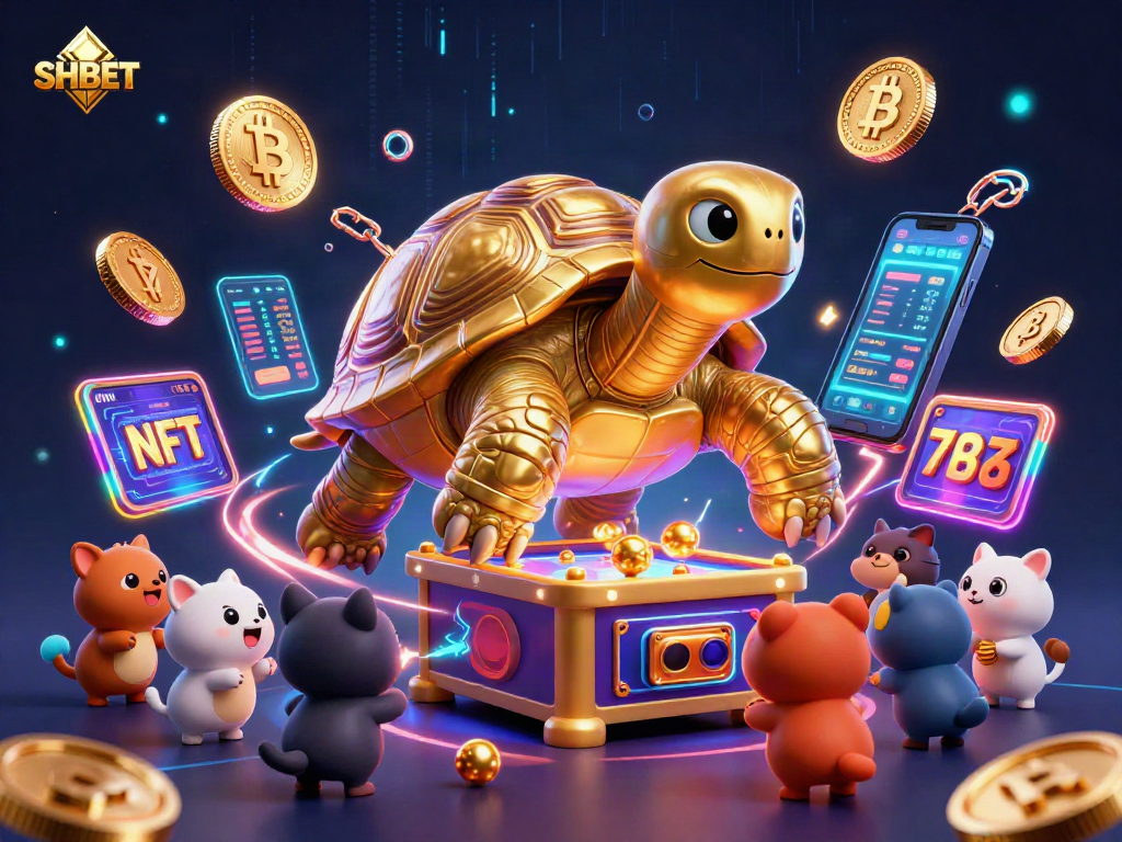 Engage with SHBET's immersive casino experience featuring an energetic golden tortoise and dynamic gaming elements.