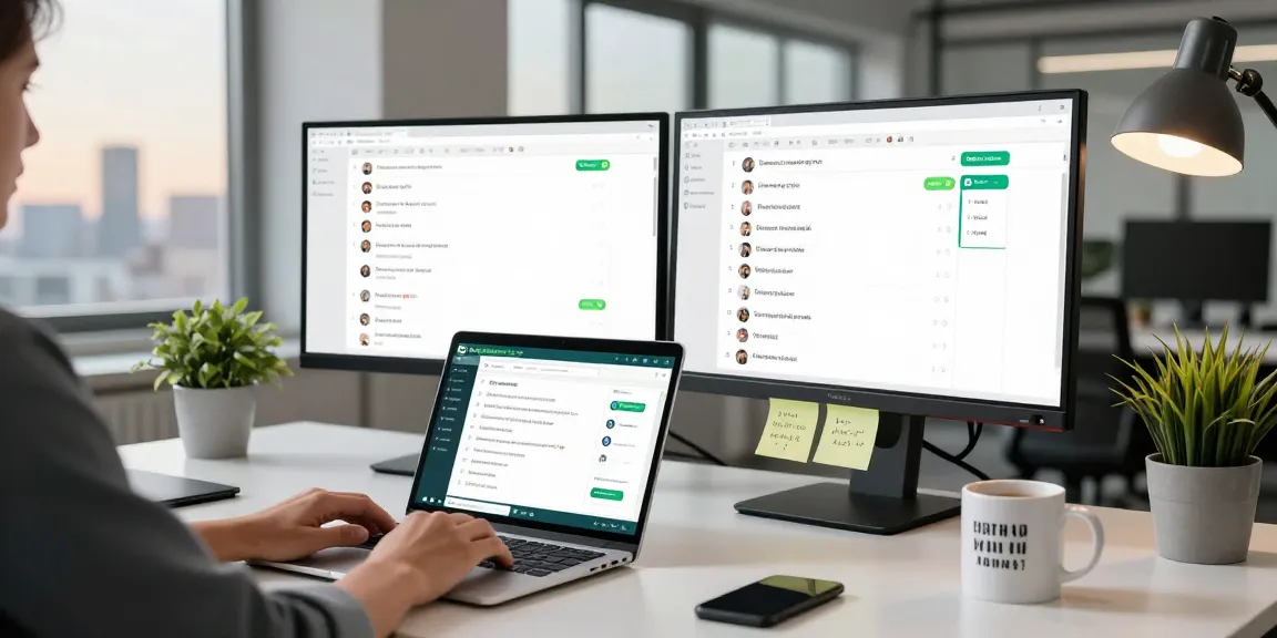 Person using WhatsApp網頁版 on laptop in a modern office with dual monitors and city view.