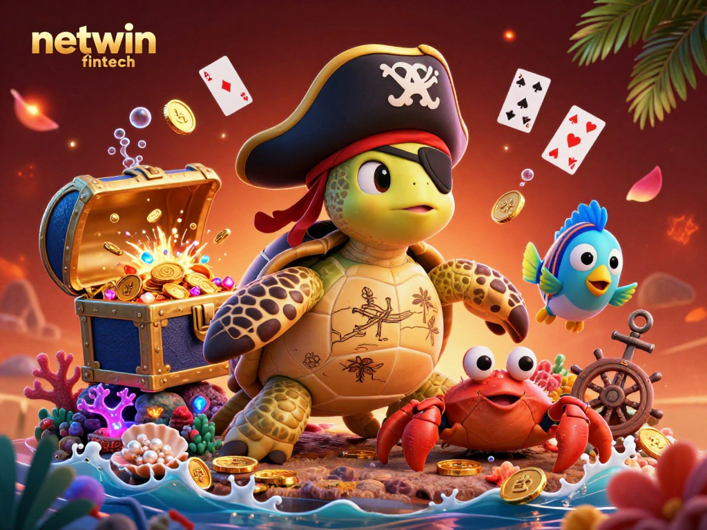 Engage with netwin fintech in a vibrant underwater casino scene featuring treasure and colorful marine life.