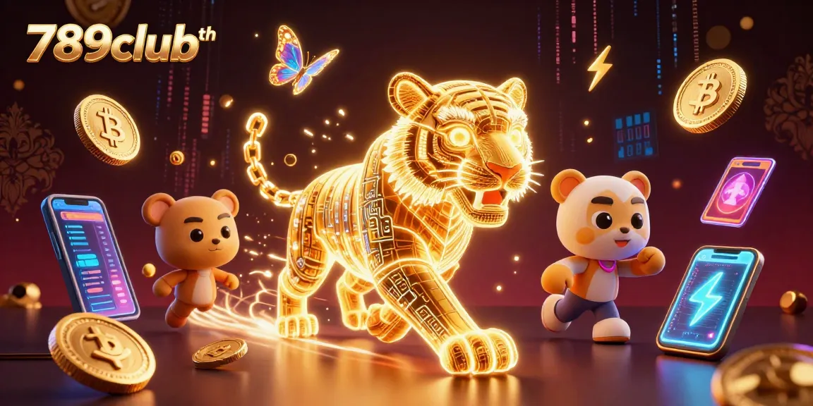 Engage with 789clubth through this vibrant casino scene depicting a neon tiger and crypto elements.