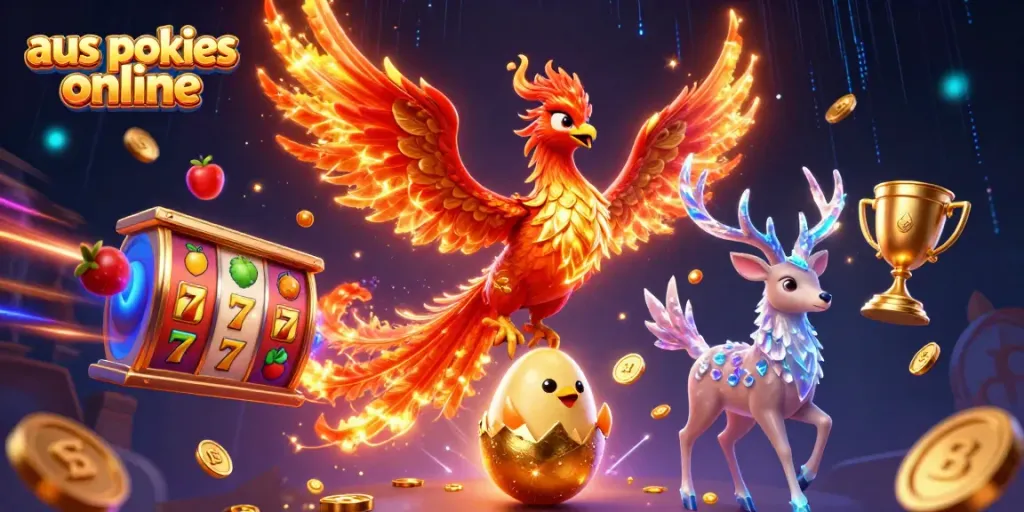 Experience thrilling aus pokies online with vibrant illustrations of a phoenix, slots, and vivid casino elements.